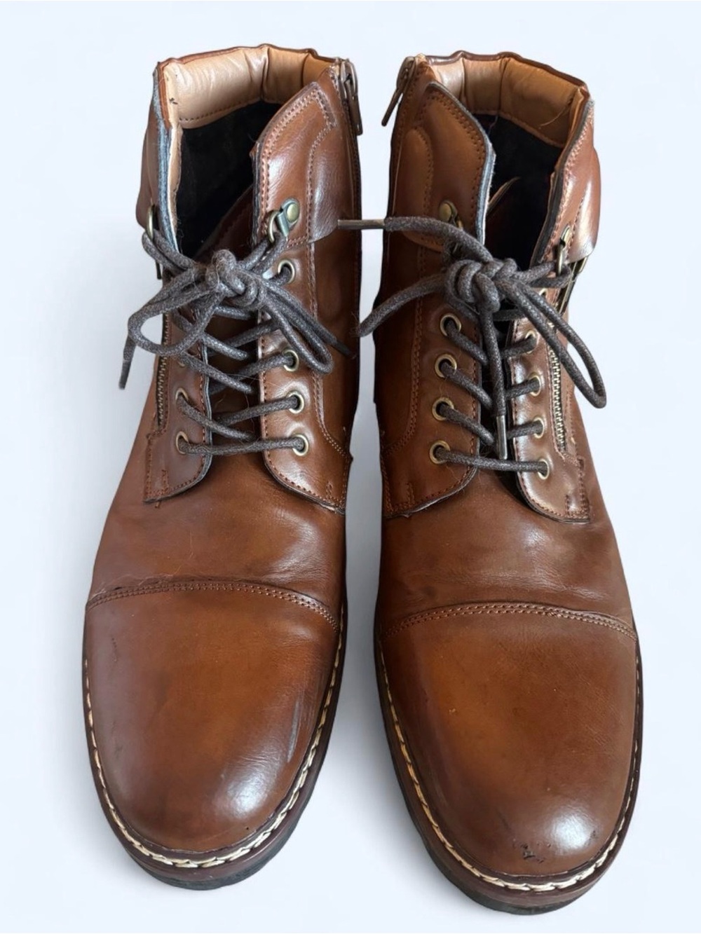 Steve Madden Men's Brown Leather Cap-Toe Lace-Up Side-Zip Boots